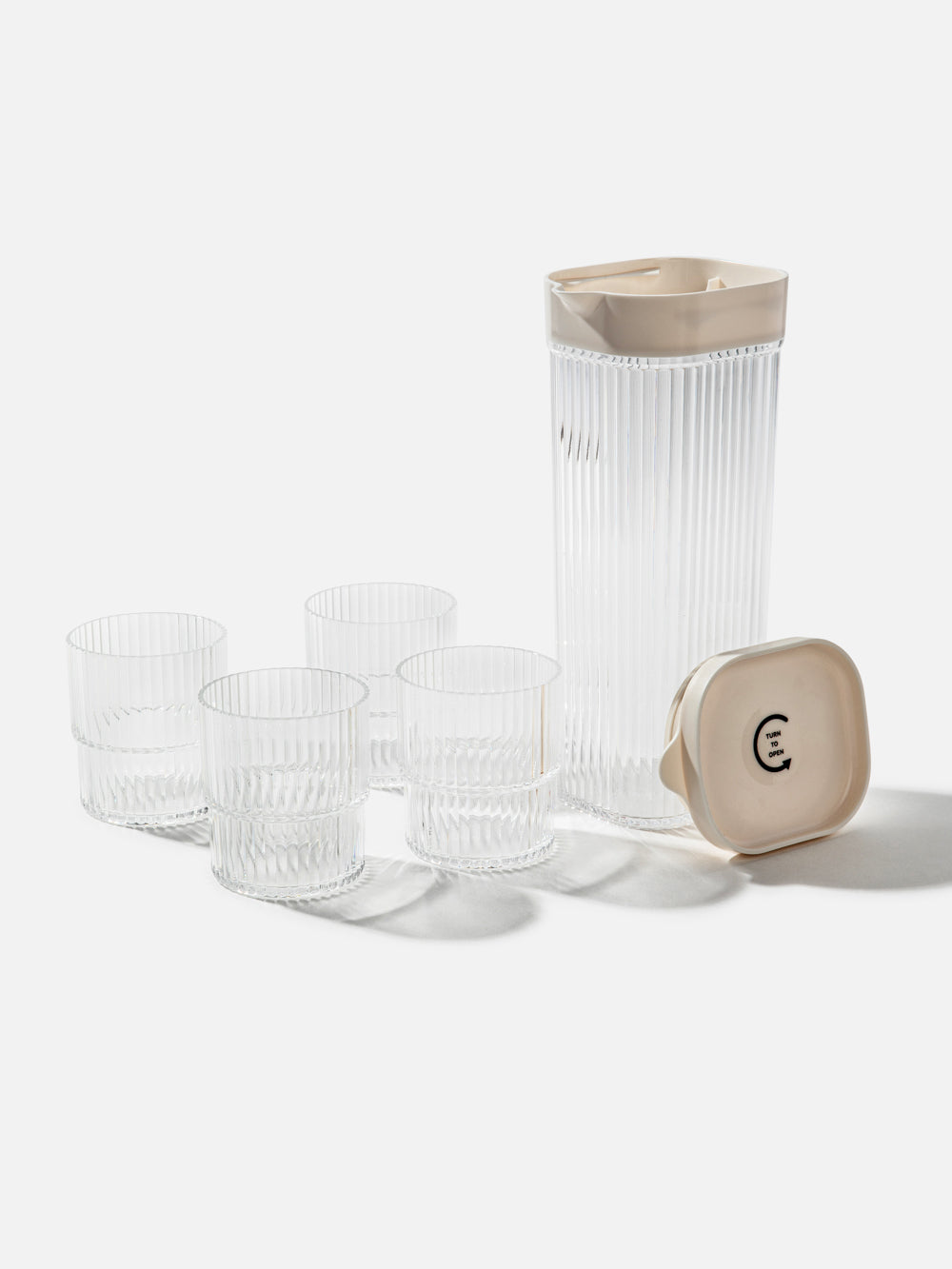 סט קנקן ו-4 כוסות פלסטיק שקוף