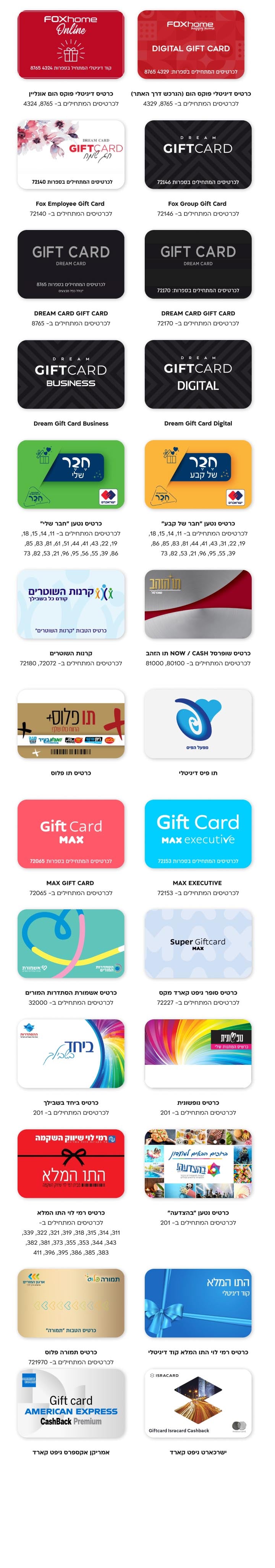  כרטיס דיגיטלי פוקס הום (הנרכש דרך האתר)  לכרטיסים המתחילים ב- 8765, 4329 כרטיס דיגיטלי פוקס הום אונליין לכרטיסים המתחילים ב- 8765, 4324 כרטיס שופרסל NOW / CASH תו הזהב לכרטיסים המתחילים ב- 80100, 81000 Fox Group Gift Card לכרטיסים המתחילים ב- 72146 Fox Employee Gift Card לכרטיסים המתחילים ב- 72140 DREAM CARD GIFT CARD לכרטיסים המתחילים ב- 72170 DREAM CARD GIFT CARD לכרטיסים המתחילים ב- 8765 כרטיס נטען "חבר של קבע" לכרטיסים המתחילים ב- 11, 14, 15, 18, 19, 22, 31,  43, 41, 44, 81, 83, 85, 86, 39, 55, 95, 96,