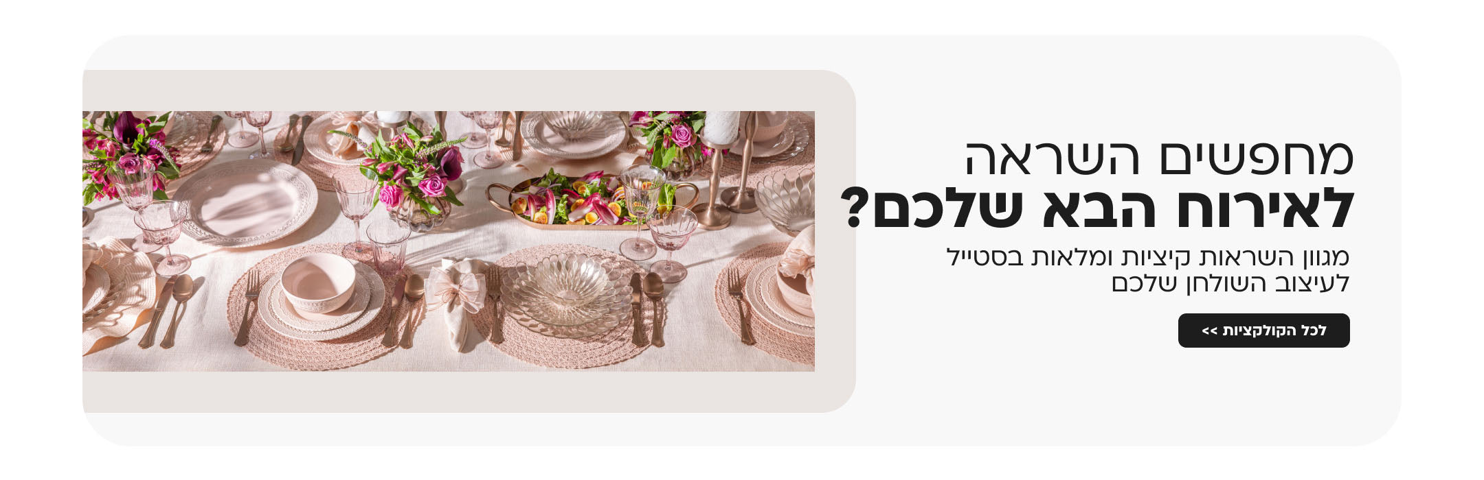 מחפשים השראה לאירוח הבא שלכם?
מגוון השראות קיציות ומלאות בסטייל לעיצוב השולחן שלכם
לכל הקולקציות